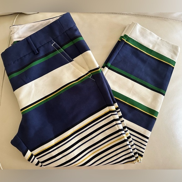 J. Crew Skimmer Striped Ivory/Blue/Green/Yellow Ankle Slacks - Size 6 - Picture 2 of 5